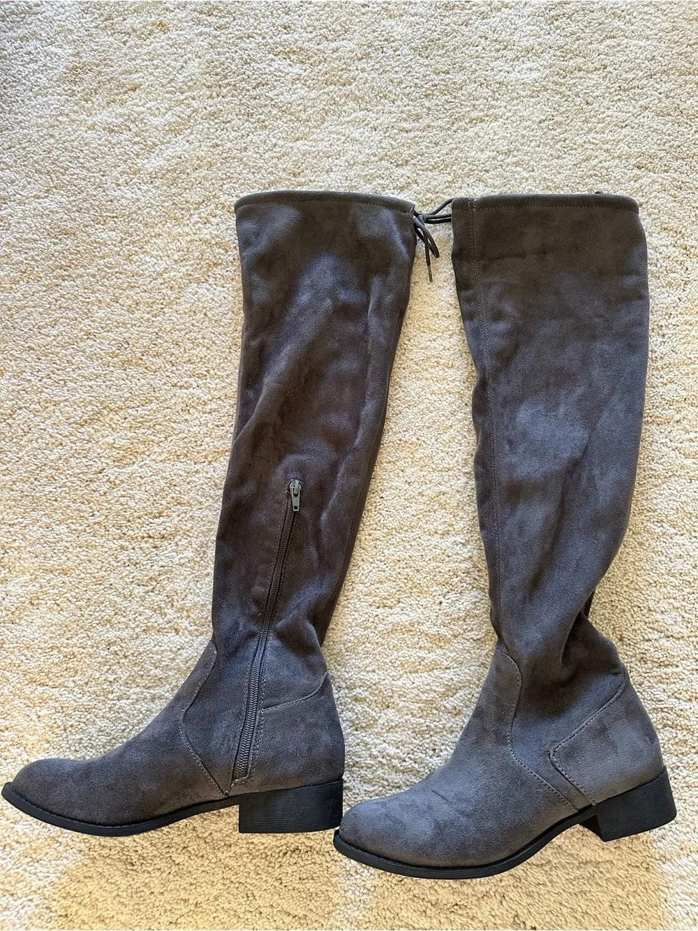 Fioni Grey Faux Suede Over-The-Knee Boots - Low Block Heel, Size 7